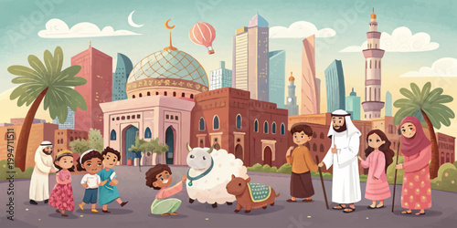 Diverse family celebrating eid al-adha with sheep and modern cityscape traditional clothing holy day middle east modern buildings palm trees hot air balloon domestic animal children festival