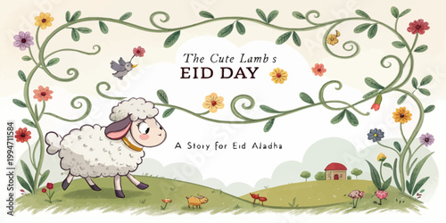 Whimsical lamb character on eid al-adha storybook cover with floral border children s book domestic animal cover art storybook illustration celebration greeting grassland farmland childhood