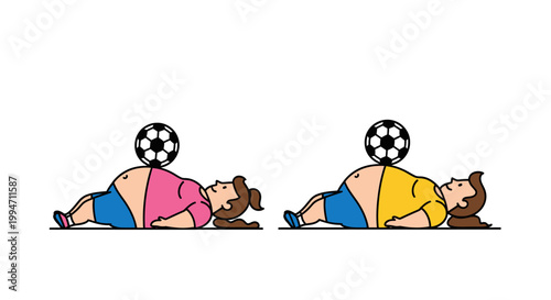 Two Overweight People Balancing Soccer Balls on Their Stomachs.