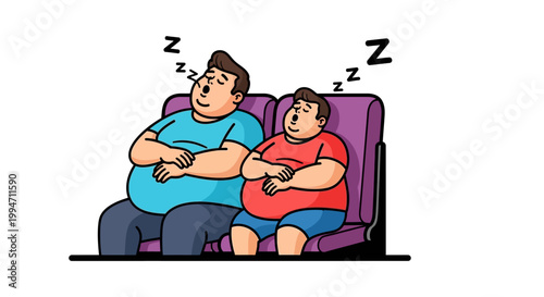 Two Overweight Men Sleeping Comfortably in Purple Theater Seats.