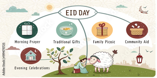 Infographic illustrating eid day celebrations: morning prayer gifts picnic community aid with eid al adha infographic celebration community tradition illustration activities lifestyle children