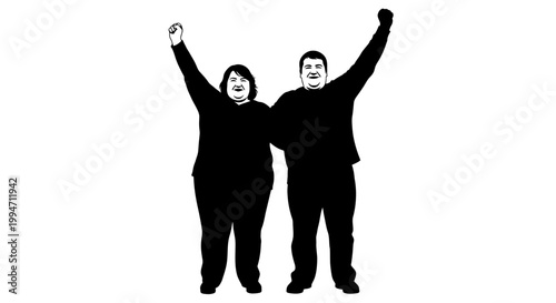 Two People Celebrating Success with Arms Raised High.