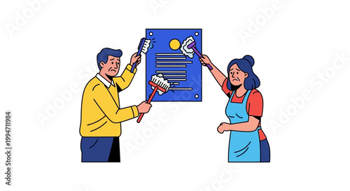 Two People Cleaning a Blue Document with Brushes.