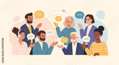 Diverse group of people discussing and communicating with speech bubbles around them indoors