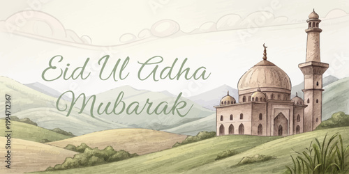 Eid ul adha mubarak landscape with mosque illustration islamic holiday feast of sacrifice holy day middle east muslim celebration building architecture landscape mountains illustration