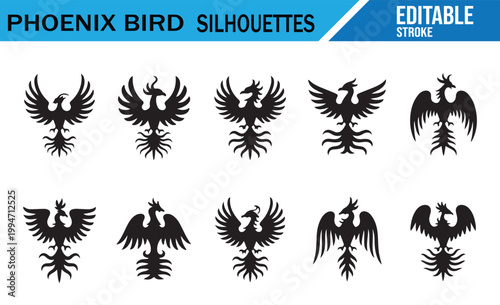Mythical phoenix silhouette pack with flying firebird emblem shapes