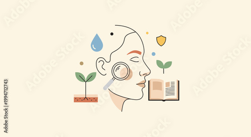 Person holding magnifying glass examining plant growing from book