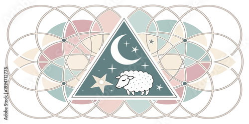 Sheep sleeping on crescent moon within a geometric triangle with graphic design peaceful geometric triangle abstract illustration stylized whimsical soft colors symmetry ornament decoration