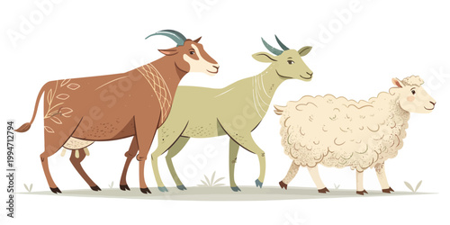 Farm animals cow goat sheep walking together cartoon vector illustration with domestic animals livestock illustration character stylized countryside agriculture grassland pastoral wildlife