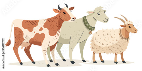 Farm animals cow sheep goat cartoon vector illustration with domestic animals livestock illustration character stylized countryside agriculture grassland pastoral wildlife