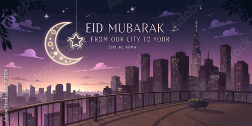 Eid mubarak city skyline at night with crescent moon and stars eid al adha feast day middle eastern celebration architecture twilight greeting invitation tradition religious festival