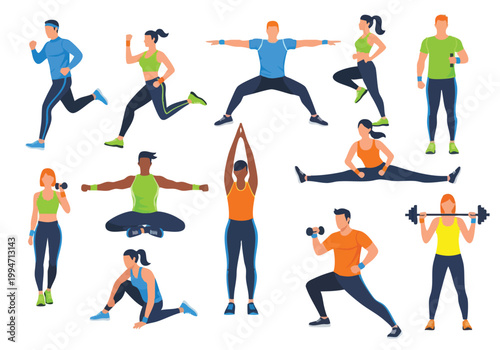 Vector illustration of people in athletic clothes exercising, showcasing a range of physical fitness activities