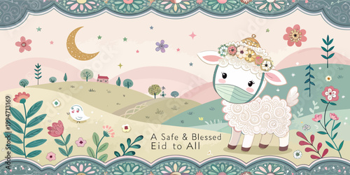 Adorable sheep wearing mask and flower crown in a scenic landscape for eid with eid al adha islamic holiday muslim festival face mask feast day social distancing celebration landscape greeting