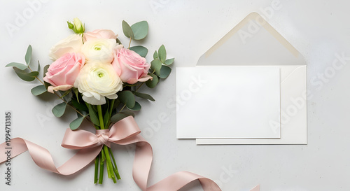 Wedding bouquet and invitation card.