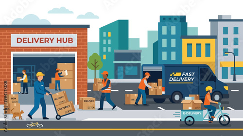 delivery workers loading packages at a warehouse.