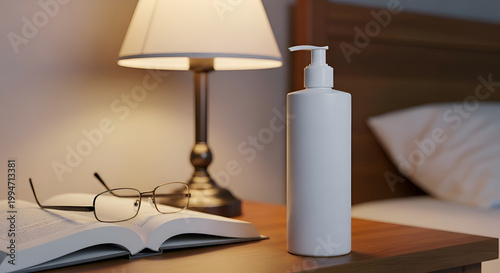 Bedside table with book glasses lamp.