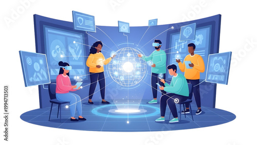 Top View Hybrid Work and Digital Space Human Scale Vector Set