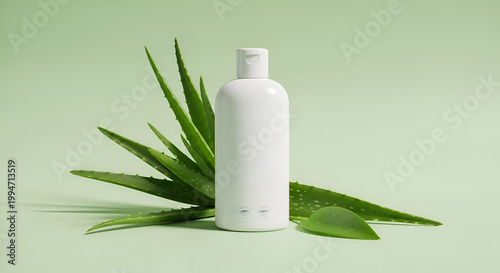 Aloe vera lotion bottle with leaves.