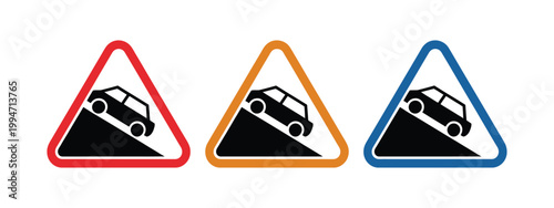 Steep uphill slope warning sign with moving car on mountain road, red triangle traffic symbol vector design for road safety and driving rules education
