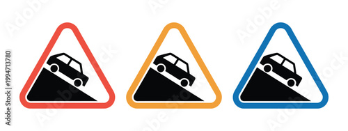 Steep uphill slope warning sign with moving car on mountain road, red triangle traffic symbol vector design for road safety and driving rules education