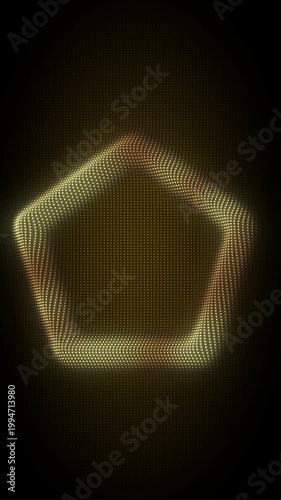 Golden Pentagon Frame With Rotating Animation, Digital Dot Particles on Dark Background, Glowing Dot Grid 3D Geometric Shape, 4K Seamless Loop, Vertical