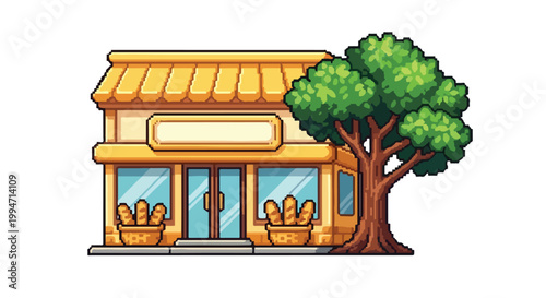 This pixel art illustration features a cozy golden bakery storefront with large display windows and a tall green tree standing beside it.