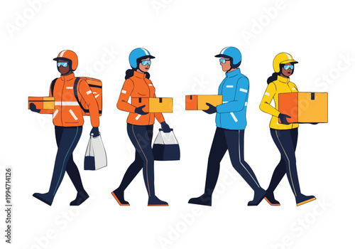 Delivery workers in uniform clothes, vector illustration of service workers carrying packages