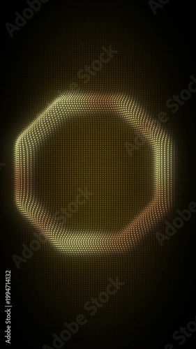 Golden Octagon Frame With Rotating Animation, Digital Dot Particles on Dark Background, Glowing Dot Grid 3D Geometric Shape, 4K Seamless Loop, Vertical