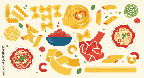 A vibrant assortment of pasta dishes and ingredients on display