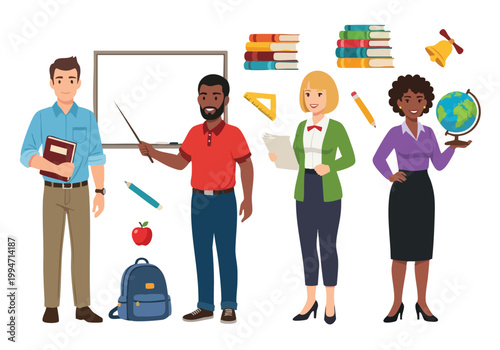 Diverse group of teachers in casual clothes, vector illustration with educational tools and supplies