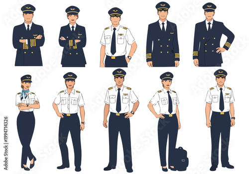 Set of vector illustrations depicting pilot clothes and airline crew uniforms for men and women