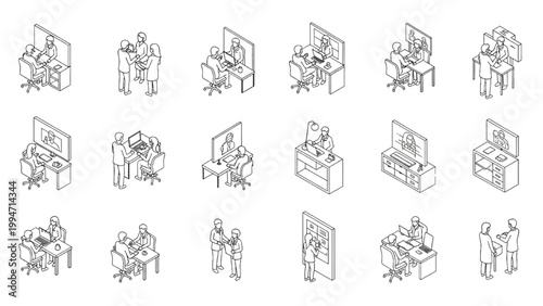 Isometric Hybrid Workplace and Digital Collaboration Human Activity Vector Set