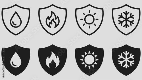Waterproof, fireproof, sunproof and frostproof defense icon label vector graphic. Durability, weather resistance and reliable safety symbol. Suitable for product labels and packaging indicator.