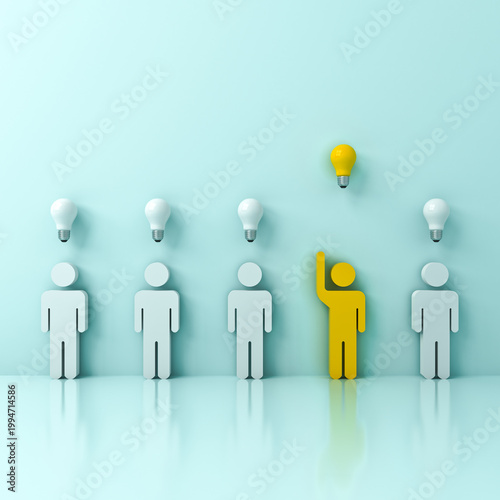 Stand out from the crowd and different concept One yellow man raising his hand got an idea bulb among other people on light blue green pastel color background with reflections 3D rendering