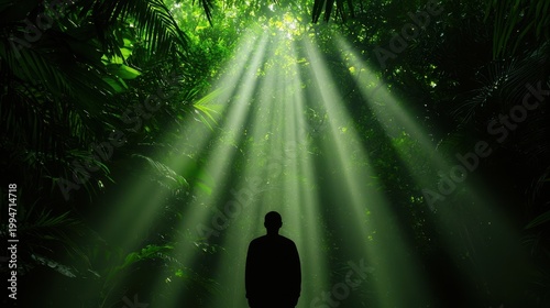 wellness mindfulness detox concept. Silhouette of a person standing in a dense forest with sunlight streaming through.