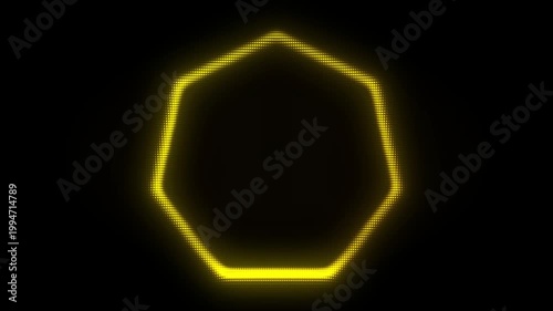 Golden Heptagon Frame With Scanner Effect Animation, Digital Dot Particles on Dark Background, Golden Scanning Dot Grid Geometric Shape, 4K Seamless Loop