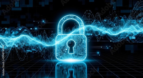 Glowing digital padlock symbolizes cybersecurity, encryption and secure data protection within interconnected technological systems.