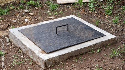 A rectangular black diamond-plate metal manhole cover set in a solid concrete base on soil ground. Essential for utility and drainage access.
