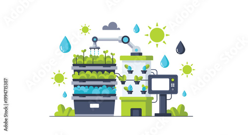 A robotic arm waters plants in an automated vertical farming system with a control panel, illustrating modern agriculture technology.