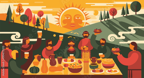 People gather for a festive meal outdoors on a sunny hillside