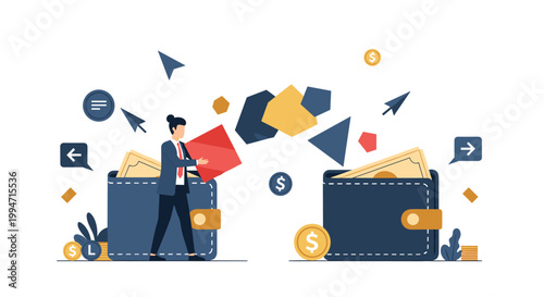 A businessman transfers funds, represented by abstract shapes, from one digital wallet to another in a financial transaction concept.