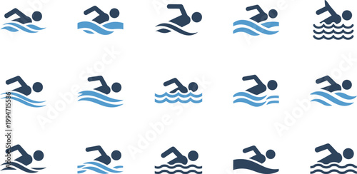 Collection of Fifteen Swimming Icons in Blue and Dark Blue swimmer water