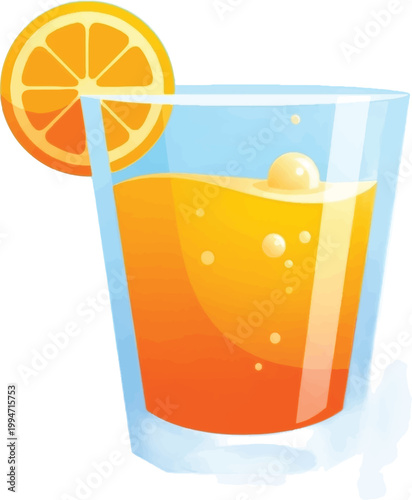 Orange juice, refreshing drink, glass with slice, citrus beverage, vector illustration