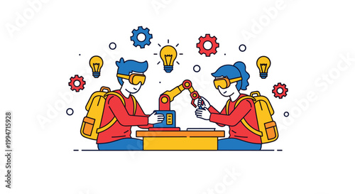 Two students wearing virtual reality headsets work together at a desk to assemble a robotic arm, surrounded by icons of ideas and gears.