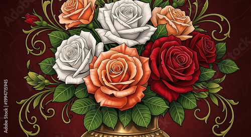 A bouquet of red roses and white flowers with green leaves