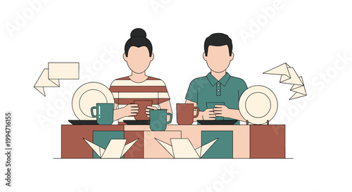 A faceless couple sits at a dinner table looking at their smartphones, with origami birds and speech bubbles surrounding them.