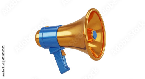 Vector illustration of 3d illustration of a golden megaphone with a blue handle on a transparent background
