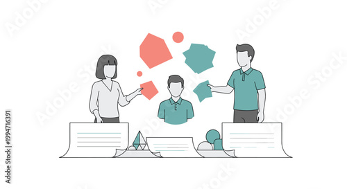A man and a woman at separate desks present information about a central candidate profile in a conceptual illustration about hiring and recruitment.
