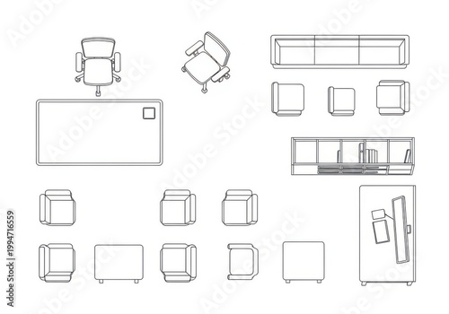 Overhead view of modern office and living space furniture arrangement including chairs and storage