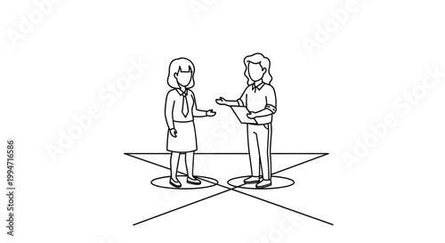 A simple black and white line drawing shows two women conversing while standing in separate designated circles, illustrating social distancing.